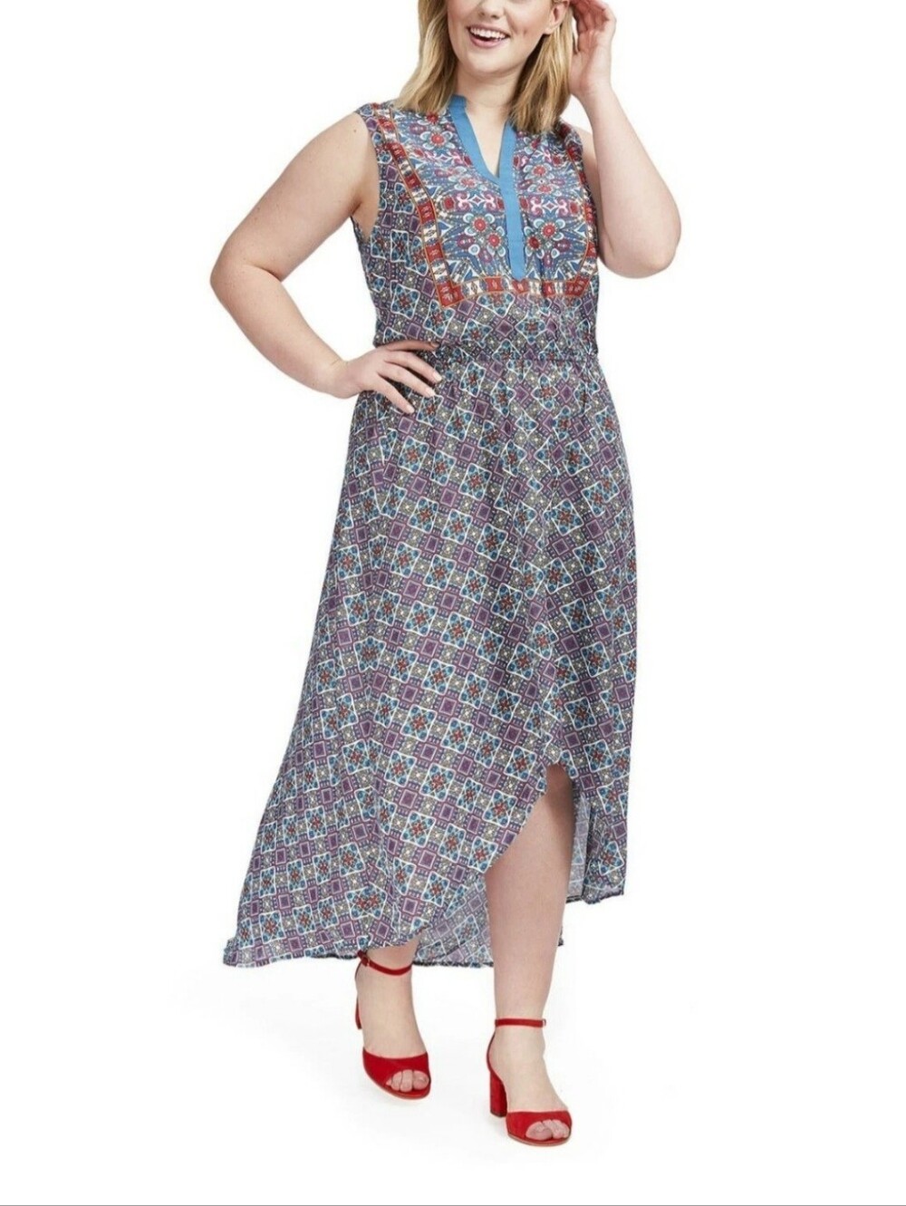 Tolani Cascade Mixed Print Modal Maxi Dress High Low Sleeveless, Plus 1X